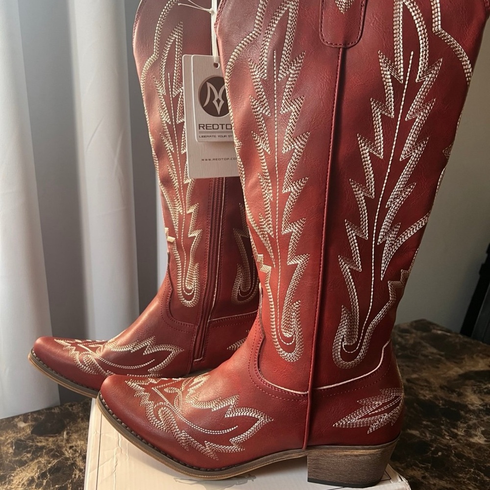 Women's Red Western Boots cowgirl embroidered knee high